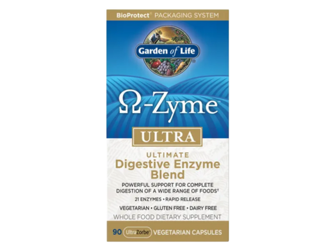 Garden of Life Omega-Zyme Ultra Digestive Enzymes Vegan Capsules angled bottle close up showing label text