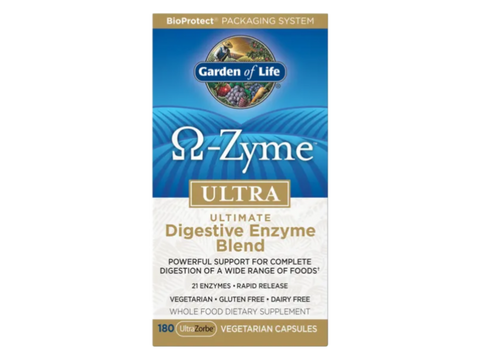 Garden of Life Omega-Zyme Ultra Digestive Enzymes Vegan Capsules angled bottle close up showing label text