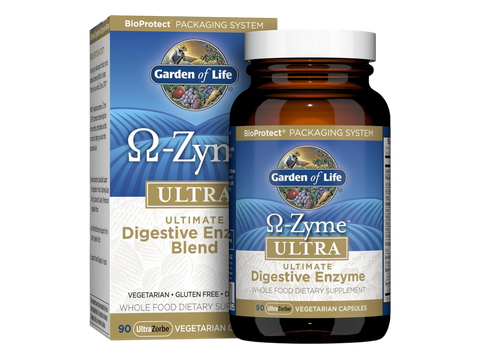 Garden of Life Omega-Zyme Ultra Digestive Enzymes Vegan Capsules front bottle packaging showing product name and branding- 90 capsules