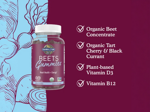 Supplement facts label for Beet Root Gummies with vitamins D & B12.