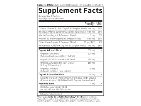Garden of Life Organics Daily Balance Adaptogenic Herbs and B Vitamins 120 Tablets supplement facts nutrition information panel