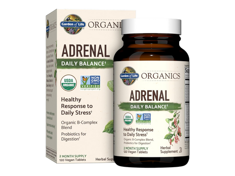 Garden of Life Organics Daily Balance Adaptogenic Herbs and B Vitamins 120 Tablets bottle front label packaging