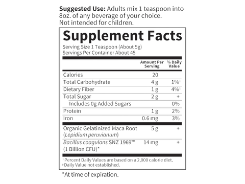 Garden of Life Organics Gelatinised Peruvian Maca Root Powder 225g supplement facts panel on tub packaging