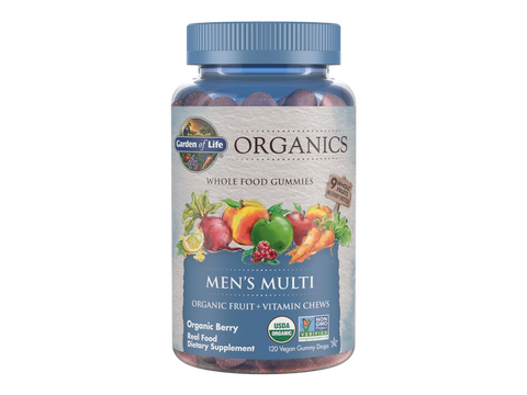 Garden of Life Organics Men's Gummy Vitamins Berry 120 Count front bottle packaging showing product name and branding
