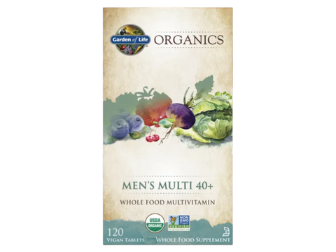 Garden of Life Organics Men's Multi 40+ Whole Food Tablets front bottle packaging showing product name and branding
