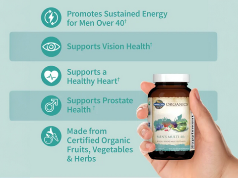 Garden of Life Organics Men's Multi 40+ Whole Food Tablets with key benefits detail