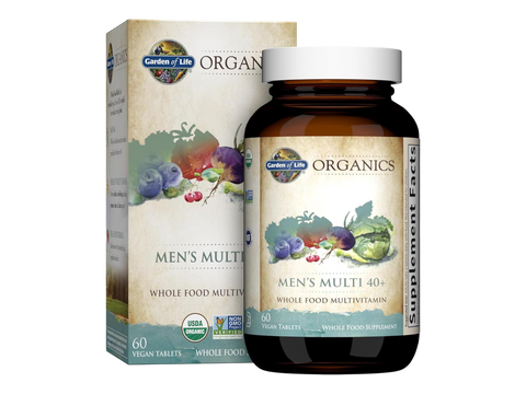 Garden of Life Organics Men's Multi 40+ Whole Food Tablets front bottle packaging showing product name and branding- 60 tablets