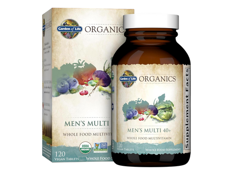Garden of Life Organics Men's Multi 40+ Whole Food Tablets front bottle packaging showing product name and branding- 120 tablets