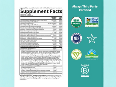 Garden of Life Organics Men's Multi 40+ Whole Food Tablets supplement facts panel
