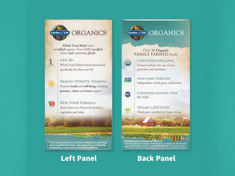 Garden of Life Organics Men's Multi 40+ Whole Food Tablets side bottle packaging with key benefits detail
