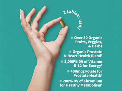 Garden of Life Organics Men's Multi 40+ Whole Food Tablets with key benefits detail
