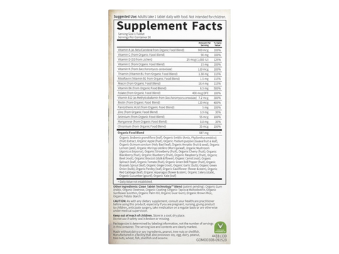 Garden of Life Organics Once Daily Whole Food Multivitamin Vegan Tablet for Men supplement facts nutrition information panel