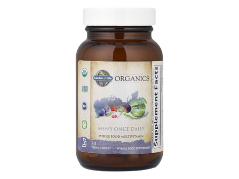 Garden of Life Organics Once Daily Whole Food Multivitamin Vegan Tablet for Men bottle front label packaging- 30 tablets