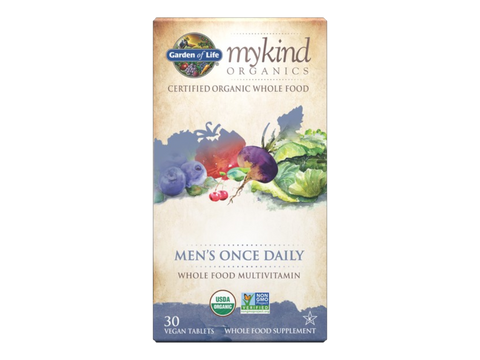 Garden of Life Organics Once Daily Whole Food Multivitamin Vegan Tablet for Men bottle front label packaging- 30 tablets