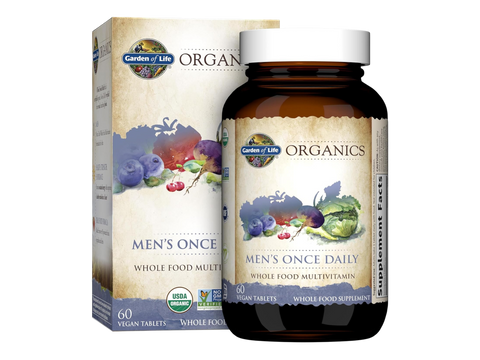 Garden of Life Organics Once Daily Whole Food Multivitamin Vegan Tablet for Men bottle front label packaging- 60 tablets