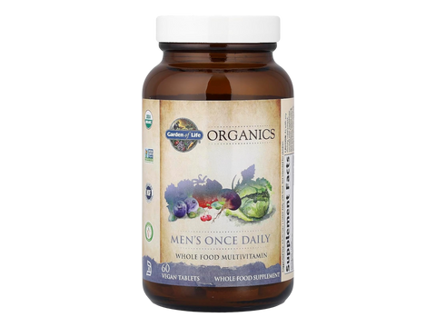 Garden of Life Organics Once Daily Whole Food Multivitamin Vegan Tablet for Men bottle front label packaging- 60 tablets