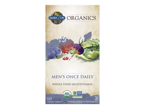 Garden of Life Organics Once Daily Whole Food Multivitamin Vegan Tablet for Men bottle front label packaging- 60 tablets