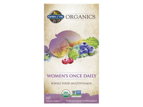 Garden of Life Organics Once Daily Whole Food Multivitamin Vegan Tablet for Women bottle front label packaging- 60 tablets