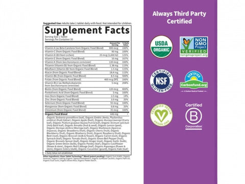 Garden of Life Organics Once Daily Whole Food Multivitamin Vegan Tablet for Women supplement facts nutrition information panel