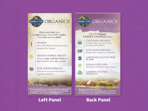 Garden of Life Organics Once Daily Whole Food Multivitamin Vegan Tablet for Women ingredients information label