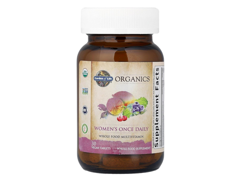 Garden of Life Organics Once Daily Whole Food Multivitamin Vegan Tablet for Women bottle front label packaging- 30 tablets