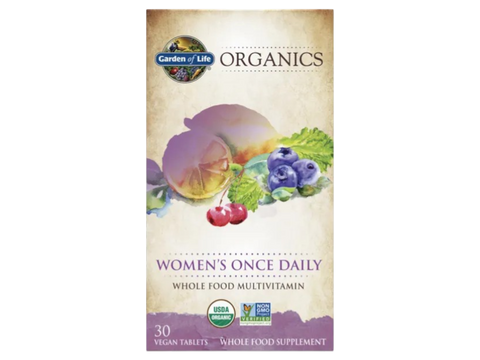 Garden of Life Organics Once Daily Whole Food Multivitamin Vegan Tablet for Women bottle front label packaging- 30 tablets