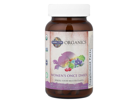 Garden of Life Organics Once Daily Whole Food Multivitamin Vegan Tablet for Women bottle front label packaging- 60 tablets