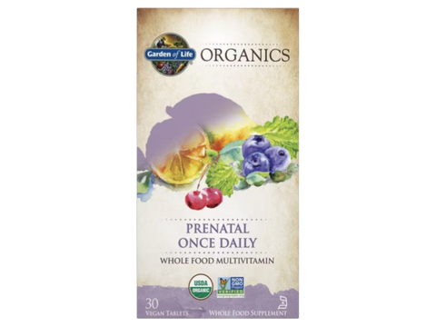 Garden of Life Organics Prenatal Once Daily with Folate and Iron Vegan Tablets bottle front label packaging- 30 vegan tablets