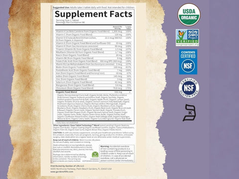 Garden of Life Organics Prenatal Once Daily with Folate and Iron Vegan Tablets supplement facts nutrition information panel