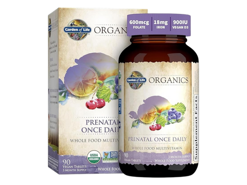 Garden of Life Organics Prenatal Once Daily with Folate and Iron Vegan Tablets bottle front label packaging- 90 vegan tablets