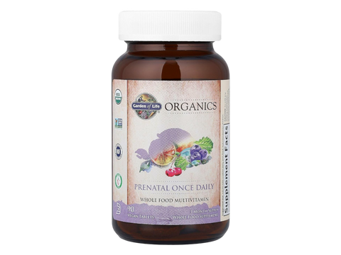 Garden of Life Organics Prenatal Once Daily with Folate and Iron Vegan Tablets bottle front label packaging- 90 vegan tablets