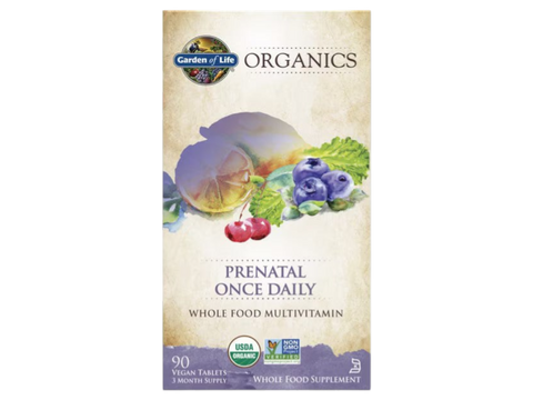 Garden of Life Organics Prenatal Once Daily with Folate and Iron Vegan Tablets bottle front label packaging- 90 vegan tablets