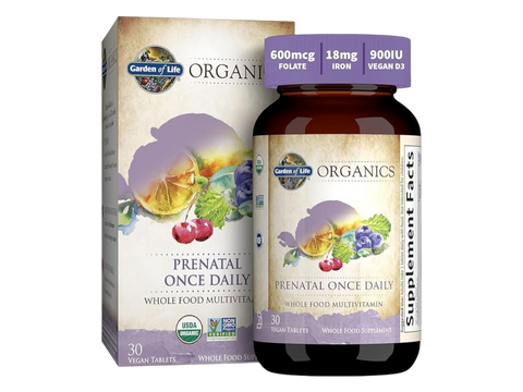 Garden of Life Organics Prenatal Once Daily with Folate and Iron Vegan Tablets bottle front label packaging- 30 vegan tablets