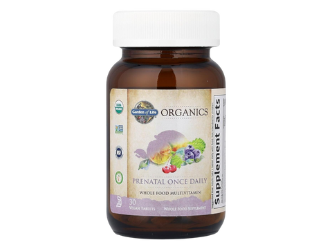 Garden of Life Organics Prenatal Once Daily with Folate and Iron Vegan Tablets bottle front label packaging- 30 vegan tablets