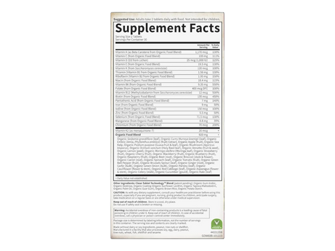 Garden of Life Organics Vegan Multivitamin Tablets for Women 40 Plus with B12 and Iron supplement facts nutrition information panel