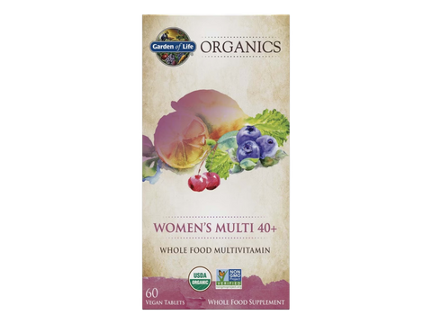 Garden of Life Organics Vegan Multivitamin Tablets for Women 40 Plus with B12 and Iron bottle front label packaging- 60 tablets