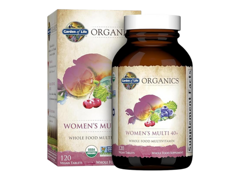 Garden of Life Organics Vegan Multivitamin Tablets for Women 40 Plus with B12 and Iron bottle front label packaging- 120 tablets