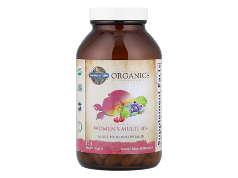 Garden of Life Organics Vegan Multivitamin Tablets for Women 40 Plus with B12 and Iron bottle front label packaging- 120 tablets