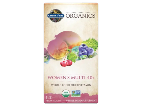 Garden of Life Organics Vegan Multivitamin Tablets for Women 40 Plus with B12 and Iron bottle front label packaging- 120 tablets