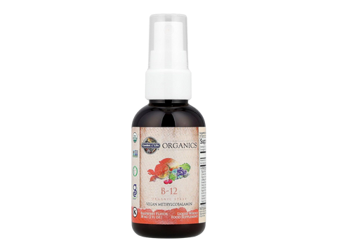 Garden of Life Organics Vitamin B12 Spray Raspberry 58ml spray nozzle and bottle close up