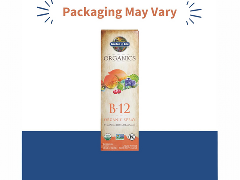 Garden of Life Organics Vitamin B12 Spray Raspberry 58ml front spray bottle packaging showing product name and branding