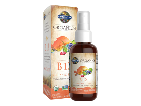 Garden of Life Organics Vitamin B12 Spray Raspberry 58ml front spray bottle packaging showing product name and branding