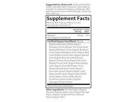 Garden of Life Organics Vitamin C Spray Orange Tangerine 58ml supplement facts panel on bottle packaging