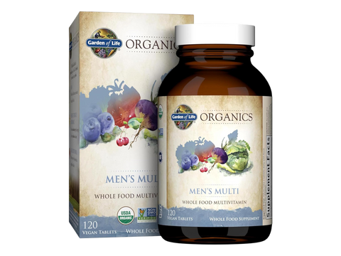 Garden of Life Organics Whole Food Multivitamin for Men Vegan Tablets bottle front label packaging- 120 vegan tablets