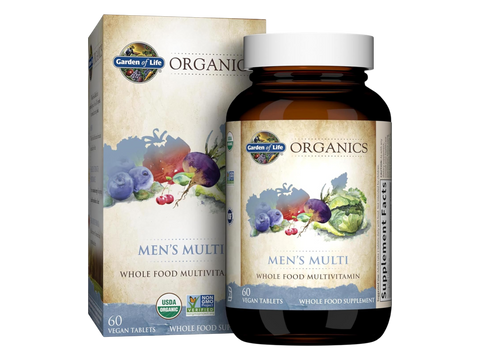 Garden of Life Organics Whole Food Multivitamin for Men Vegan Tablets bottle front label packaging- 60 vegan tablets