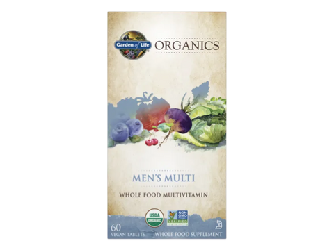 Garden of Life Organics Whole Food Multivitamin for Men Vegan Tablets bottle front label packaging- 60 vegan tablets