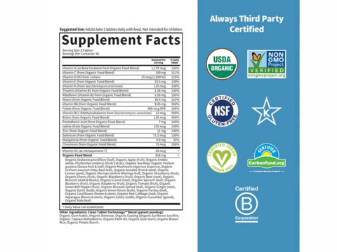 Garden of Life Organics Whole Food Multivitamin for Men Vegan Tablets supplement facts nutrition information panel