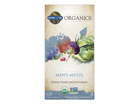 Garden of Life Organics Whole Food Multivitamin for Men Vegan Tablets bottle front label packaging- 120 vegan tablets