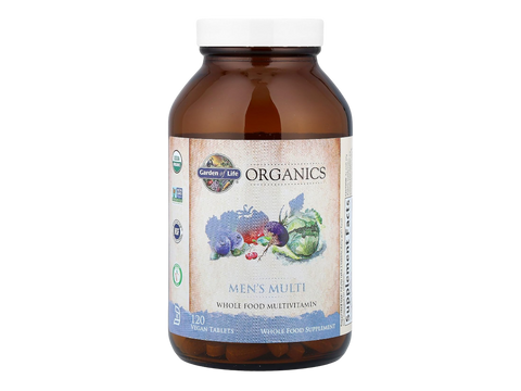 Garden of Life Organics Whole Food Multivitamin for Men Vegan Tablets bottle front label packaging- 120 vegan tablets
