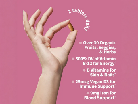 Garden of Life Organics Women's Multivitamin Whole Food 60 Tablets close up of tablets next to bottle